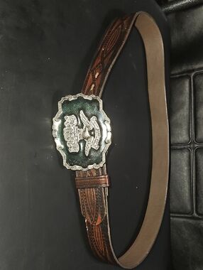 Harley-Davidson Brown Leather Belt with Silver & Dark Green Buckle